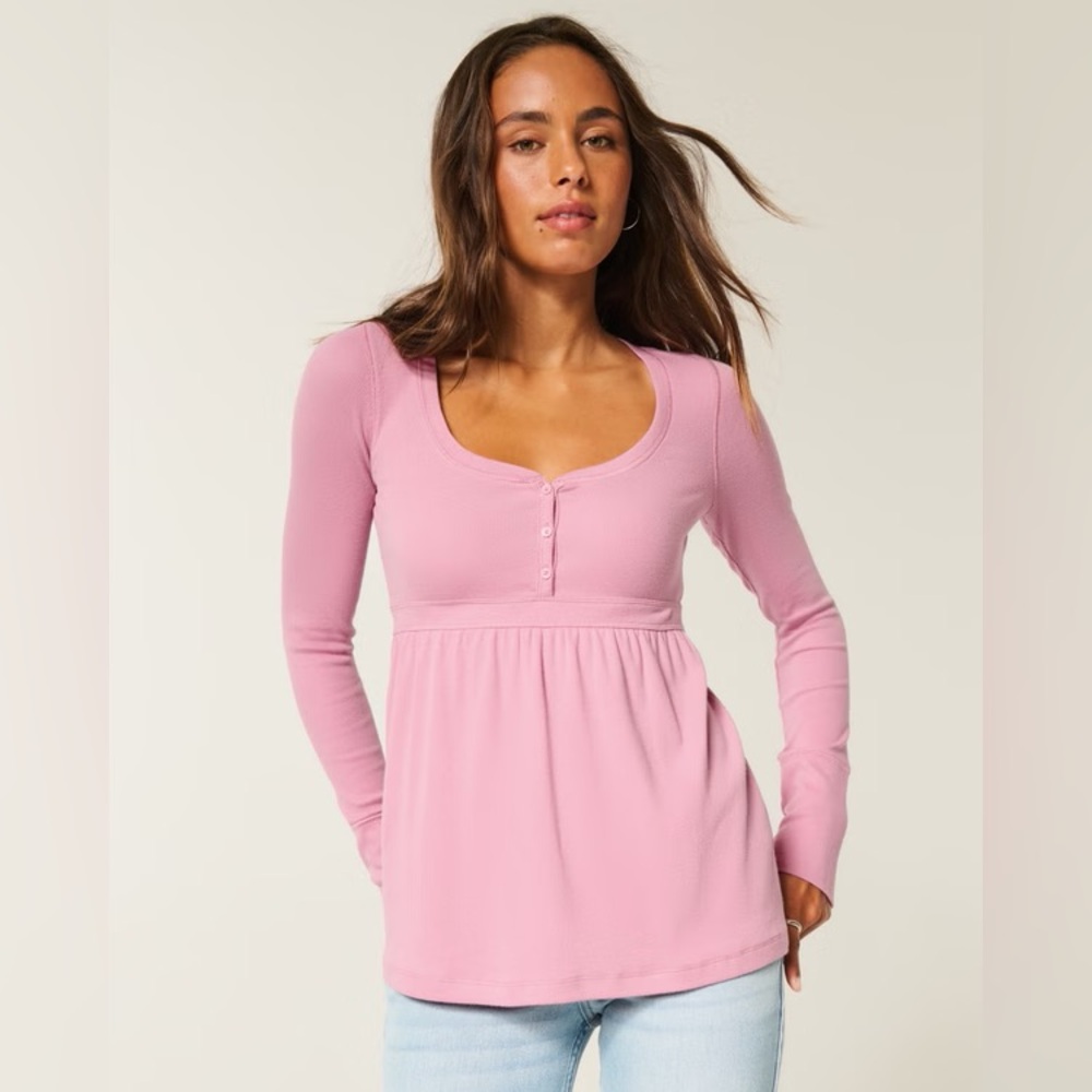 NWT- Hollister pink Tie Back Henley Babydoll Top  Y2K - small- fitted top - Picture 2 of 10